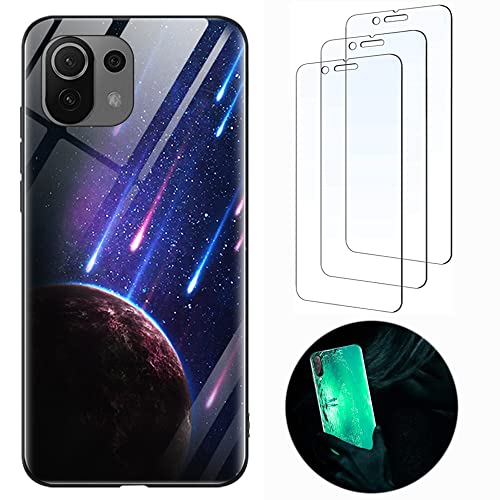 Handyhülle für Xiaomi mi 11 Lite 4g/5g/5g NE Hülle Leuchtend Silikon Harte Gehärtetes Glas Zurück Beleuchten Case Schutzhülle [3X Schutzfolie] Cover Handytasche Xiaomi mi 11 Lite Meteor von Leton-US