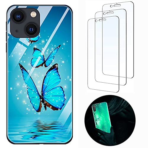 Handyhülle für iPhone 13 Mini Hülle Leuchtend Silikon Harte Gehärtetes Glas Zurück Beleuchten Case Schutzhülle [3X Schutzfolie] Cover Handytasche iPhone 13 Mini Schmetterling von Leton-US