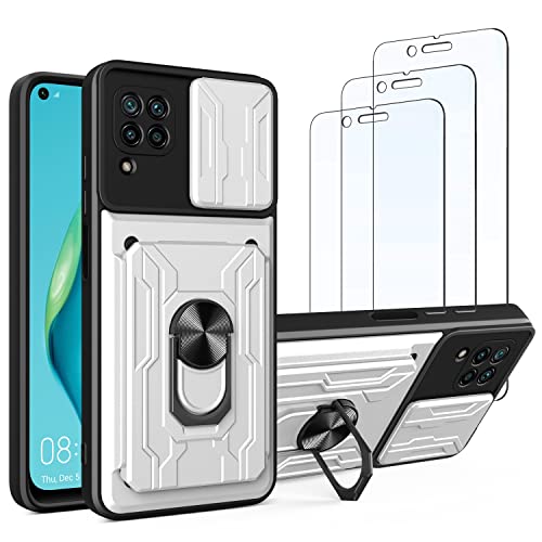 Leton-US Hülle für Huawei P40 lite mit Ringhalter, [3X Schutzfolie] Handyhülle für Huawei P40 lite mit Slide Kameraschutz, Hart PC Silikon Objektivdeckel Case Weiß von Leton-US