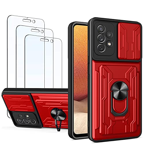 Leton-US Hülle für Samsung Galaxy A72 mit Ringhalter, [3X Schutzfolie] Handyhülle für Samsung A72 mit Slide Kameraschutz, Hart PC Silikon Objektivdeckel Case Rot von Leton-US