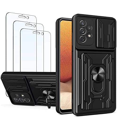Leton-US Hülle für Samsung Galaxy A72 mit Ringhalter, [3X Schutzfolie] Handyhülle für Samsung A72 mit Slide Kameraschutz, Hart PC Silikon Objektivdeckel Case Schwarz von Leton-US