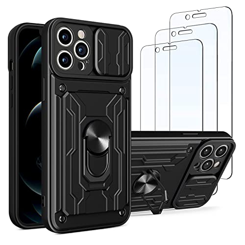 Leton-US Hülle für iPhone 13 pro max mit Ringhalter, [3X Schutzfolie] Handyhülle für iPhone 13 pro max mit Slide Kameraschutz, Hart PC Silikon Objektivdeckel Case Schwarz von Leton-US