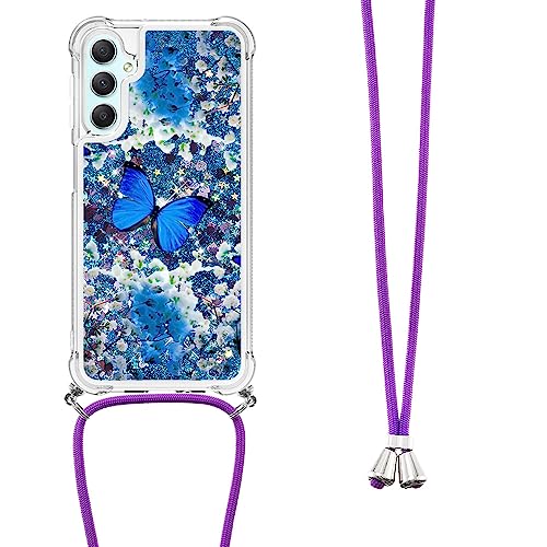 Leton Handykette Hülle für Samsung Galaxy A05S Glitzer Flüssig Treibsand Handyhülle Samsung Galaxy A05S Umhängeband Handykordel Transparent Silikon TPU Necklace Case Blauer von Leton