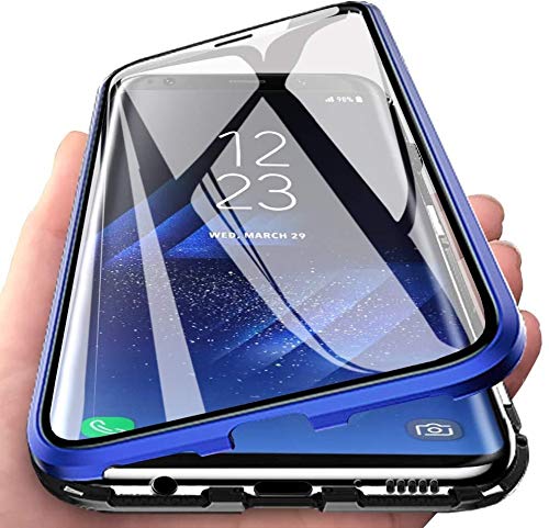 Leton Hülle für Samsung Galaxy A53 Magnetische Adsorption Handyhülle Samsung Galaxy A53 Transparent Hartglas 360 Grad Schutzhülle Eingebaut Magnet Metall Stoßstange Case Blau von Leton