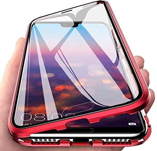 Leton Hülle für iPhone 14 pro Magnetische Adsorption Handyhülle iPhone 14 pro Transparent Hartglas 360 Grad Schutzhülle Eingebaut Magnet Metall Stoßstange Case Rot von Leton
