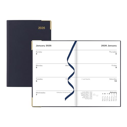 LETTS Classic Mini Pocket Wochenplaner mit genähter Bindung, flexibler Einband in Lederoptik, goldene Ecken, Englisch, Blau von Letts of London
