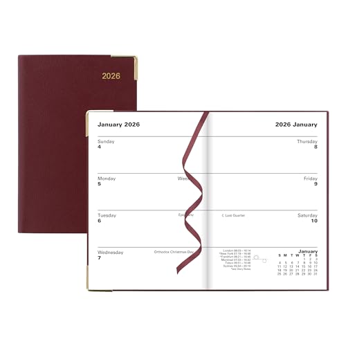 LETTS Classic Mini Pocket Wochenplaner mit genähter Bindung, flexibler Einband in Lederoptik, goldene Ecken, Englisch, Burgunderrot von Letts of London