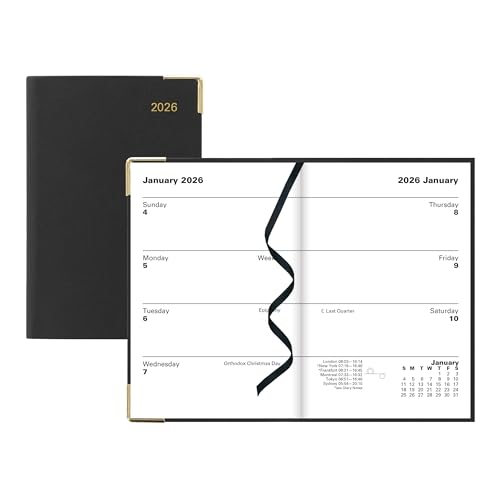 LETTS Classic Mini Pocket Wochenplaner mit genähter Bindung, flexibler Einband in Lederoptik, goldene Ecken, Englisch, Schwarz von Letts of London