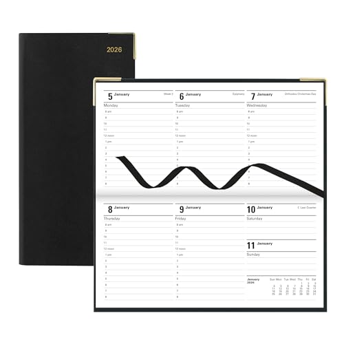 LETTS Classic Slim Wochenplaner Monatsplaner Wochenansicht mit stündlichen Terminen, Querformat, genähte Bindung, flexibler Einband in Lederoptik, goldene Ecken, Englisch, Schwarz LETTS Classic Slim Wochenplaner Monatsplaner Wochenansicht mit stündlichen Terminen, Querformat, genähte Bindung, flexibler Einband in Lederoptik, goldene Ecken, Englisch, Schwarz von Letts of London