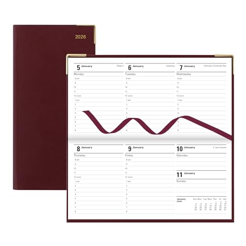 LETTS Classic Slim Wochenplaner Monatsplaner Wochenansicht mit stündlichen Terminen, Querformat, genähter Bindung, flexibler Einband in Lederoptik, goldene Ecken, Englisch, Burgund LETTS Classic Slim Wochenplaner Monatsplaner Wochenansicht mit stündlichen Terminen, Querformat, genähter Bindung, flexibler Einband in Lederoptik, goldene Ecken, Englisch, Burgund von Letts of London
