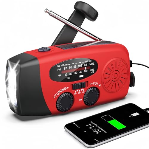 Tragbares Solarradio mit Wetter AM/FM/NOAA, Handkurbelgenerator, 2000mAh wiederaufladbare Powerbank, USB Ladegerät für Mobiltelefone, LED Taschenlampe, für Notfälle, Camping, Angel (Rot) von LeuKoles