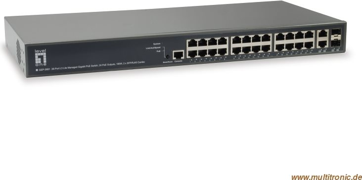 26-Port L3 Lite Managed Gigabit PoE+ Switch, 24x PoE+, 185W, 2 x1G SFP/RJ45 Hersteller: LEVELONE (GEP-2681) von LevelOne