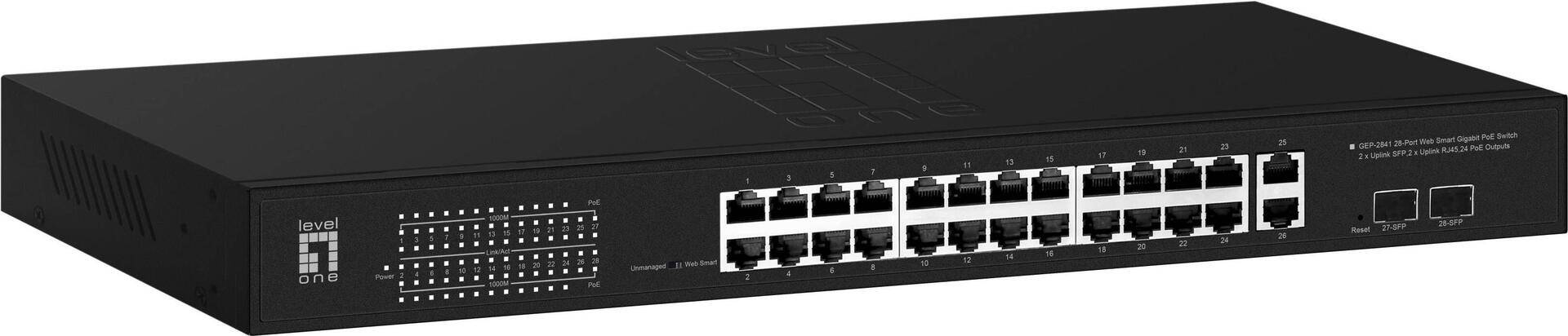 28-Port Web Smart Gigabit PoE Switch, 2x Gigabit SFP, 2x Gigabit RJ45, 24 PoE Outputs, 375W PoE Hersteller: LEVELONE (GEP-2841) von LevelOne