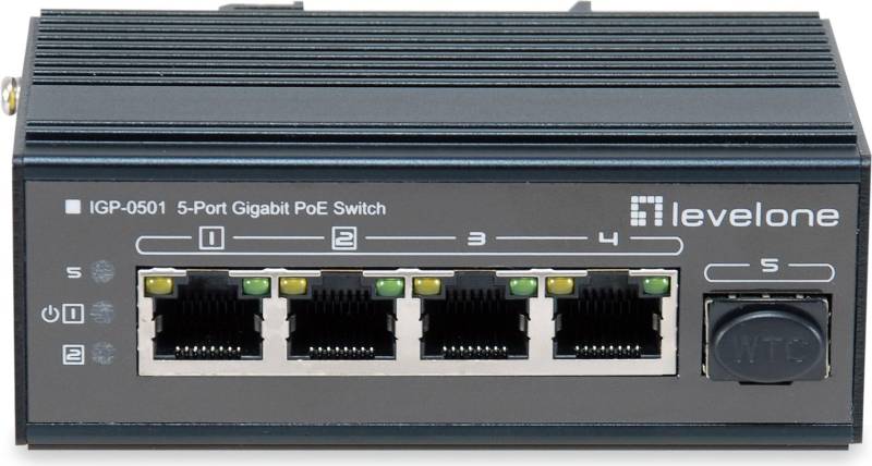 LevelOne 5-Port Gigabit Industrial Switch - DIN-Schiene - -30°C to 65°C - Gigabit Ethernet (10/100/1000) - Vollduplex - Power over Ethernet (PoE) - Wandmontage (IGP-0501) von LevelOne