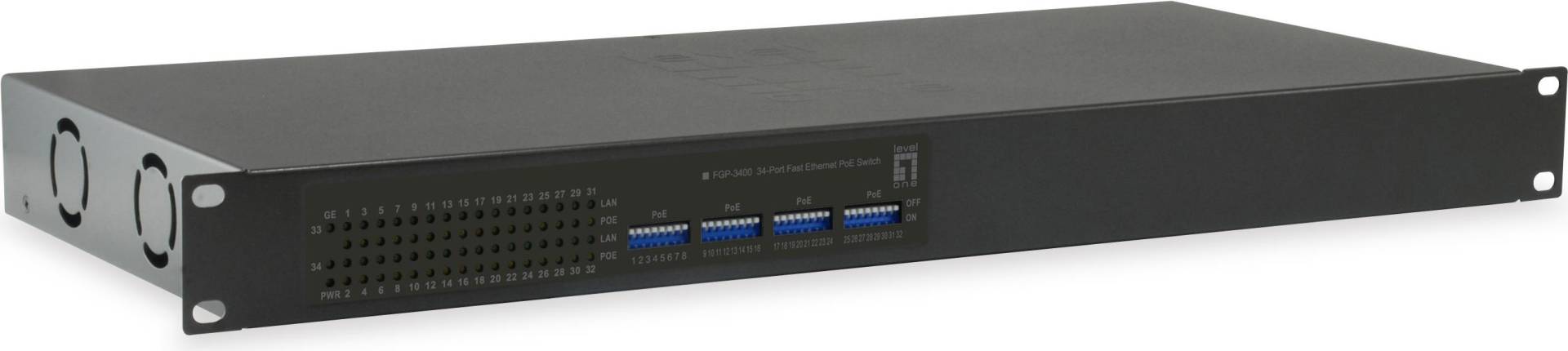 LevelOne FGP-3400W630 - Switch - 32 x 10/100 (PoE+) + 2 x 10/100/1000 - Desktop, an Rack montierbar - PoE+ (630 W) (FGP-3400W630) von LevelOne
