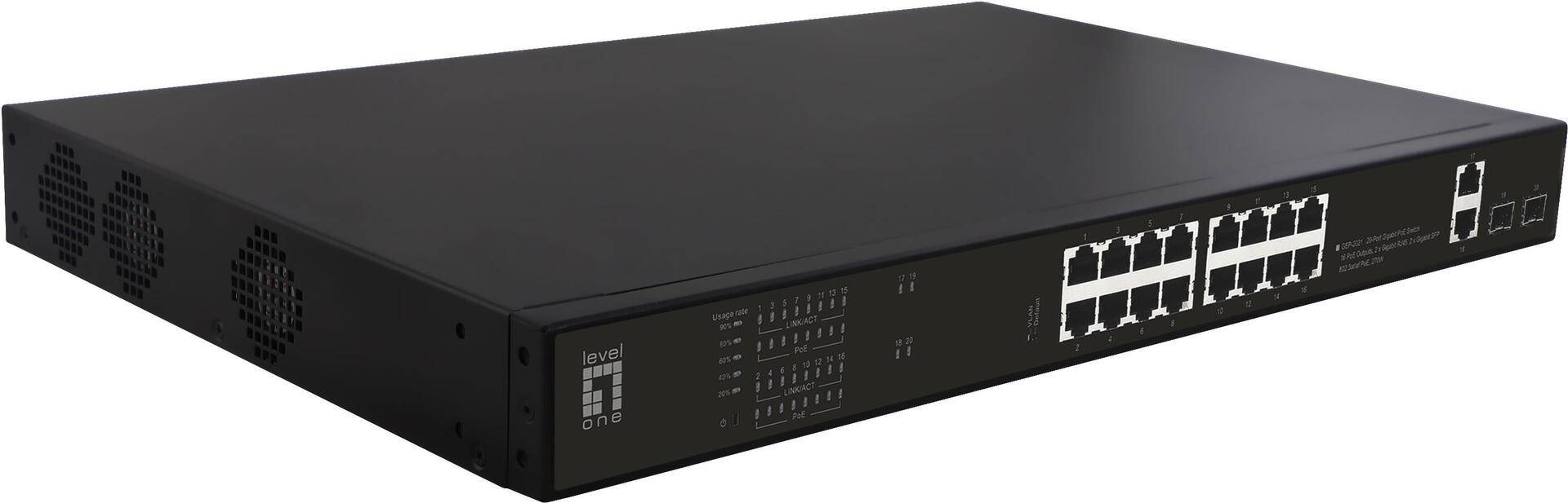 LevelOne GEP-2021 - Switch - 16 x 10/100/1000 (PoE) + 2 x 10/100/1000 + 2 x Gigabit SFP (Uplink) - Desktop, an Rack montierbar - PoE (270 W) (GEP-2021) von LevelOne
