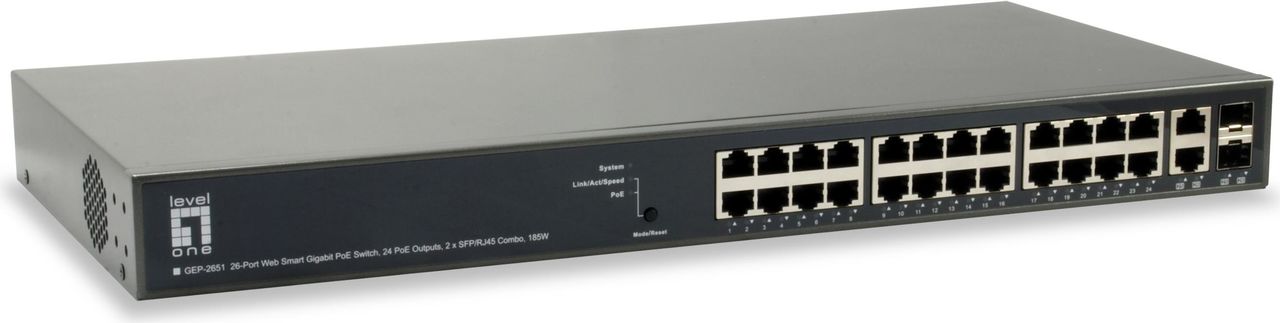 LevelOne GEP-2651 - Switch - Smart - 24 x 10/100/1000 (PoE+) + 2 x Kombi-Gigabit-SFP - an Rack montierbar - PoE+ von LevelOne