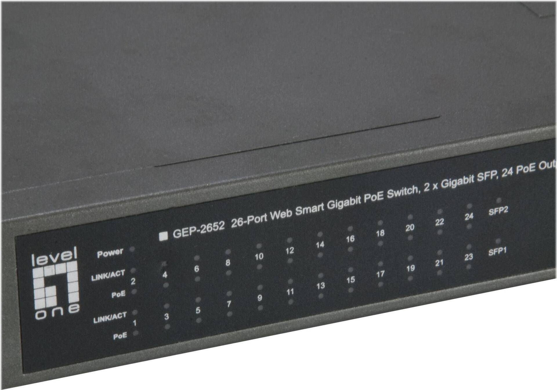 LevelOne GEP-2652 - Switch - Smart - 24 x 10/100/1000 (PoE+) + 2 x Gigabit SFP - an Rack montierbar - PoE+ (370 W) (GEP-2652) von LevelOne