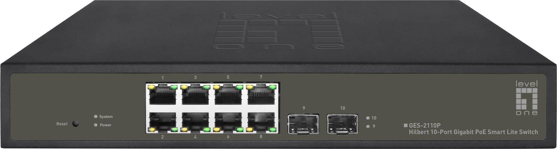 LevelOne Hilbert 10-Port Gigabit PoE Smart Lite Switch - 8 PoE Ausgänge - 2 x Gigabit SFP - 802.3at/af PoE - 130W PoE-Leistungsbudget (GES-2110P) von LevelOne