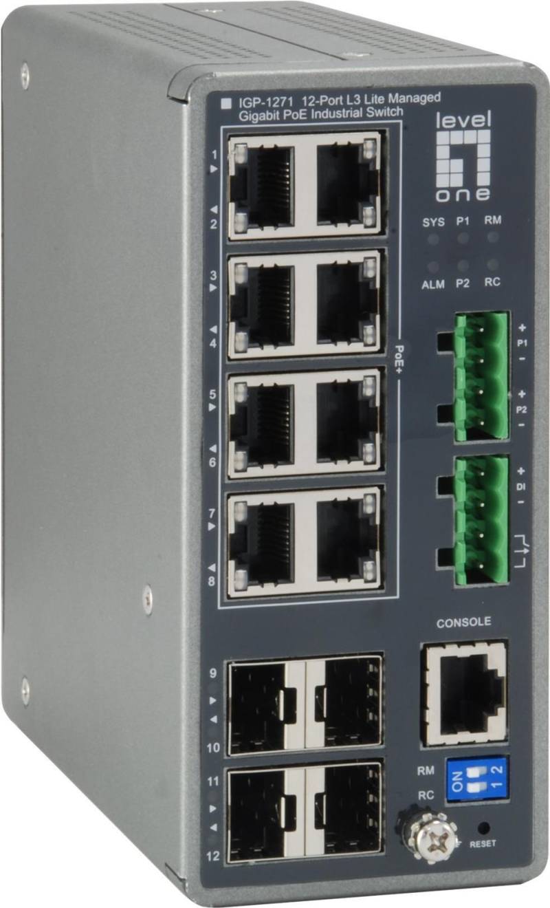LevelOne IGP-1271 - Switch - L3 Lite - verwaltet - 8 x 10/100/1000 (PoE+) + 4 x Gigabit SFP - an DIN-Schiene montierbar - PoE+ (240 W) - DC power (IGP-1271) von LevelOne