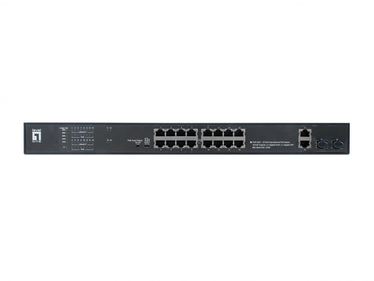 LevelOne Switch 20 Fast Ethernet-Ports mit 16 PoE-Ports 270W 2 Gigabit-Ports,... von LevelOne