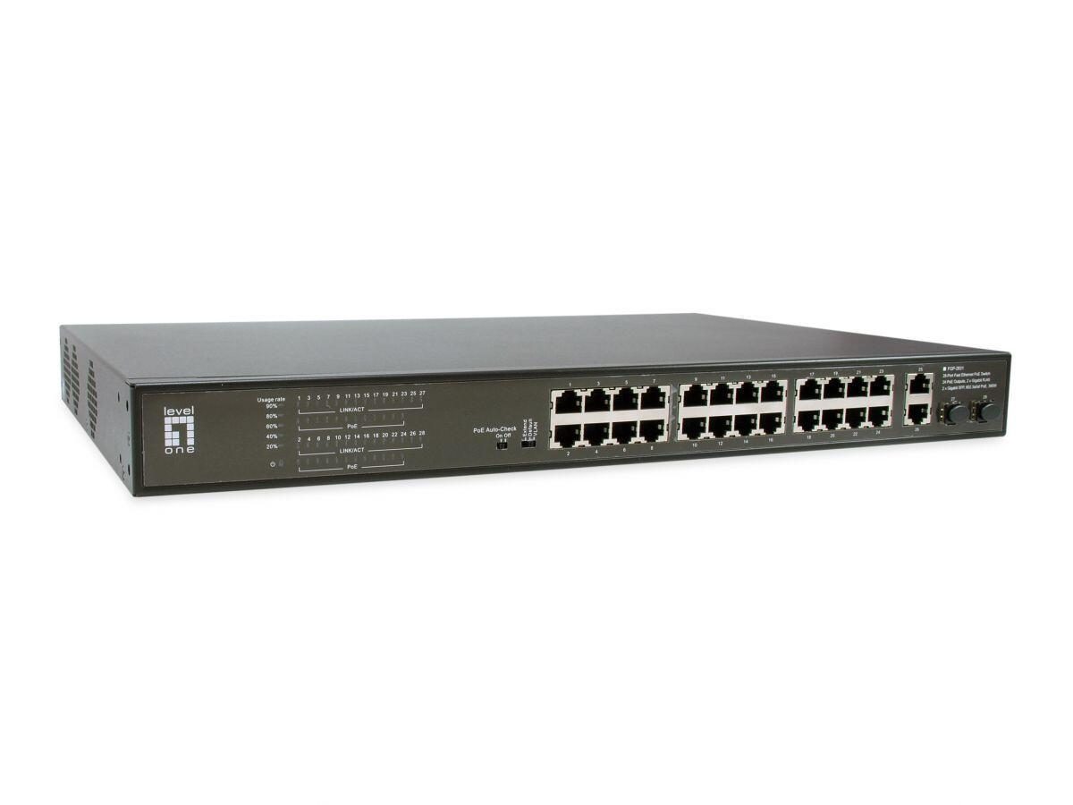 LevelOne Switch 28 Fast Ethernet-Ports mit 24 PoE-Ports 270W 2 Gigabit-Ports,... von LevelOne