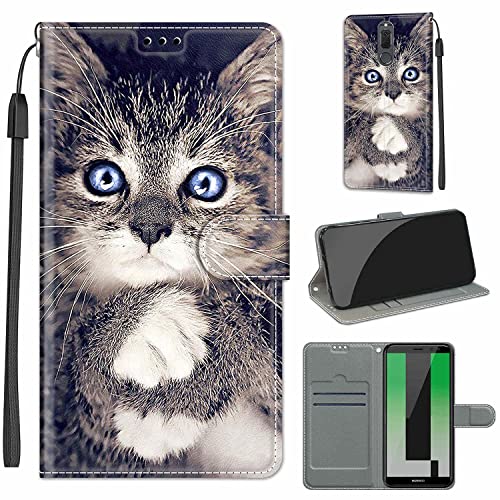 LeviDo Kompatibel für Huawei Mate 10 Lite Hülle Silikon Lustig Muster Motiv PU Leder Kartenfach Klappbar Magnetisch Flip Hüllen 360 Grad Case Brieftasche Wallet Handyhülle Stoßfest Cover, Katze von LeviDo-EU