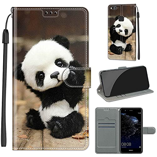 LeviDo Kompatibel für Huawei P10 Lite Hülle Silikon Lustig Muster Motiv PU Leder Kartenfach Klappbar Magnetisch Flip Hüllen 360 Grad Case Brieftasche Wallet Handyhülle Stoßfest Cover, Panda von LeviDo-EU