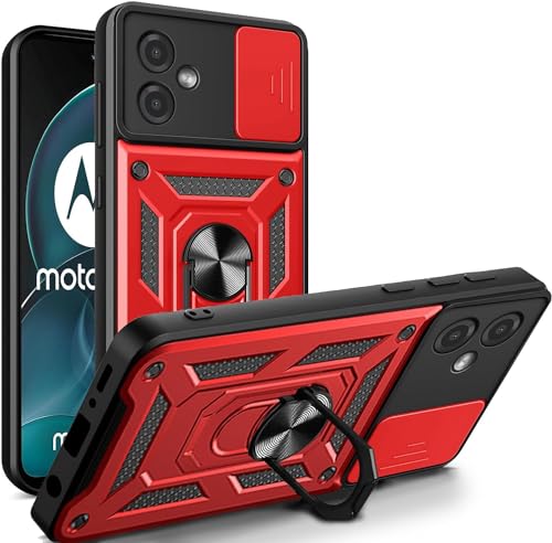 LeviDo Kompatibel für Motorola Moto G14 Hülle Silikon mit Slide Kameraschutz Cover Hüllen Case mit Ring Ständer Halter Handyhalterung Auto Magnet Handyhülle Stoßfest Cover, Rot von LeviDo-EU