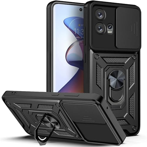 LeviDo Kompatibel für Motorola Moto G72 Hülle Silikon mit Slide Kameraschutz Cover Hüllen Case mit Ring Ständer Halter Handyhalterung Auto Magnet Handyhülle Stoßfest Cover, Schwarz von LeviDo-EU