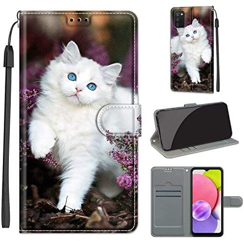 LeviDo Kompatibel für Samsung Galaxy A03s Hülle Silikon Lustig Muster Motiv PU Leder Kartenfach Klappbar Magnetisch Flip Hüllen 360 Grad Case Brieftasche Wallet Handyhülle Stoßfest Cover, weiß Katze von LeviDo-EU