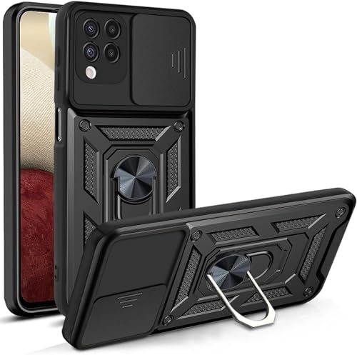 LeviDo Kompatibel für Samsung Galaxy A12 Hülle Silikon mit Slide Kameraschutz Cover Hüllen Case mit Ring Ständer Halter Handyhalterung Auto Magnet Handyhülle Stoßfest Cover, Schwarz von LeviDo-EU