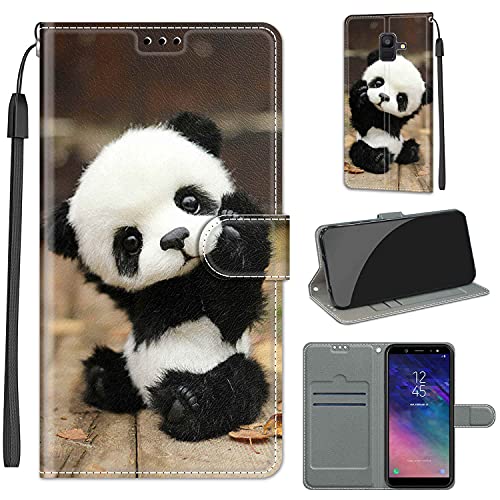 LeviDo Kompatibel für Samsung Galaxy A6 2018 Hülle Silikon Lustig Muster Motiv PU Leder Kartenfach Klappbar Magnetisch Hüllen 360 Grad Case Brieftasche Wallet Handyhülle Stoßfest Cover, Panda von LeviDo-EU