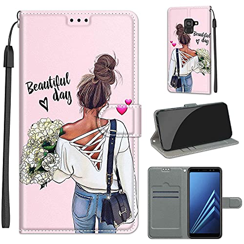 LeviDo Kompatibel für Samsung Galaxy A8 2018 Hülle Silikon Lustig Muster Motiv PU Leder Kartenfach Klappbar Magnetisch Flip Hüllen 360 Grad Case Brieftasche Wallet Handyhülle Stoßfest Cover, mädchen von LeviDo-EU