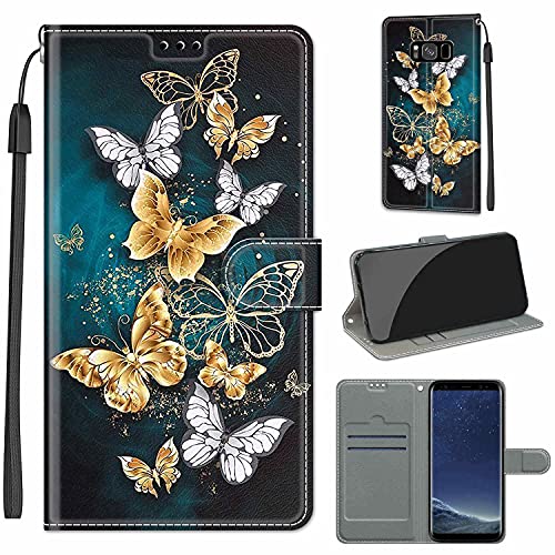 LeviDo Kompatibel für Samsung Galaxy S8 Hülle Silikon Lustig Muster Motiv PU Leder Kartenfach Klappbar Magnetisch Hüllen 360 Grad Case Brieftasche Wallet Handyhülle Stoßfest Cover, Schmetterling 2 von LeviDo-EU