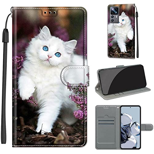 LeviDo Kompatibel für Xiaomi 12T/12T Pro Hülle Silikon Lustig Muster Motiv PU Leder Kartenfach Klappbar Magnetisch Hüllen 360 Grad Case Brieftasche Wallet Handyhülle Stoßfest Cover, weiß Katze von LeviDo-EU