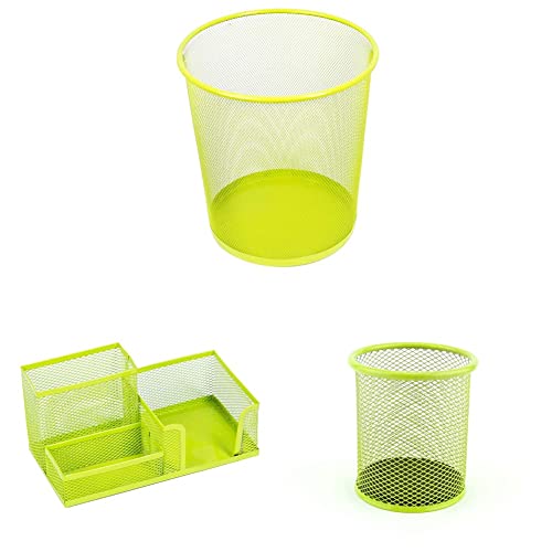 Leviatan 9994 Papierkorb aus Drahtgeflecht Draht Mesh 12L Limonenfarben + Schreibtischorganizer, Limonenfarben + Metall Stifteköcher|Mesh Multifunktions Becher für Kugelschreiber Ø91 mm Limonenfarben von Leviatan