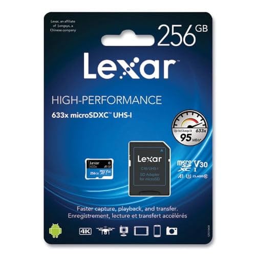 Lexar Hochleistungs 633x 256GB microSDXC UHS-I Karte mit SD-Adapter, bis zu 100MB/s Lese, für Smartphones, Tablets und Action-Kameras (LSDMI256BBNL633A) von Lexar
