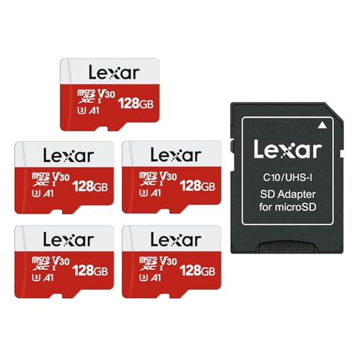 Lexar Micro SD Karte 128GB 5er Pack, Speicherkarte Micro SD mit Adapter, Bis zu 100 MB/s Lesegeschwindigkeit, UHS-I, U3, A1, V30, C10, 4K UHD microsdxc SD Karte für Kamera, Smartphone von Lexar