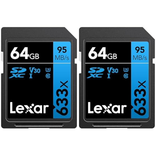 Lexar Professional 633x SD Karte 64GB, SDXC UHS-I Speicherkarte, Bis zu 95 MB/s Lesen, für DSLR-Mittelklasse, HD-Camcorder, 3D-Kameras (LSD64GCB1EU633) (Packung mit 2) von Lexar