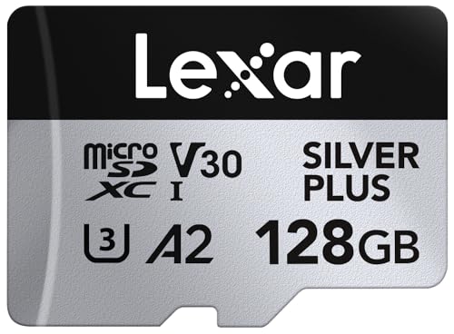 Lexar Silver Plus Micro SD Karte 128GB, Bis zu 205 MB/s Lesegeschwindigkeit, 150MB/s Schreibgeschwindigkeit, Speicherkarte Micro SD mit SD Adapter, UHS-I, A2, U3, V30, Klasse 10, 4K UHD microSDXC von Lexar