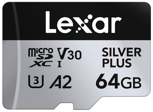 Lexar Silver Plus Micro SD Karte 64GB, Bis zu 205 MB/s Lesegeschwindigkeit, 100MB/s Schreibgeschwindigkeit, Speicherkarte Micro SD mit SD Adapter, UHS-I, A2, U3, V30, Klasse 10, 4K UHD microSDXC von Lexar