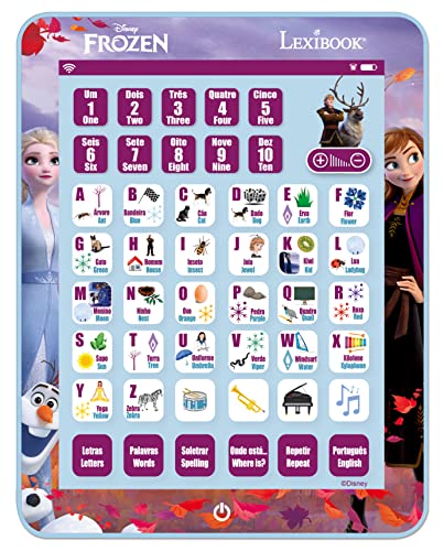 LEXIBOOK JCPAD002FZi4 Disney Frozen Lerntablett Zweisprachig Buchstaben Zahlen Wörter Rechtschreibung und Musik Englisch/Portugiesisch Blau von Lexibook