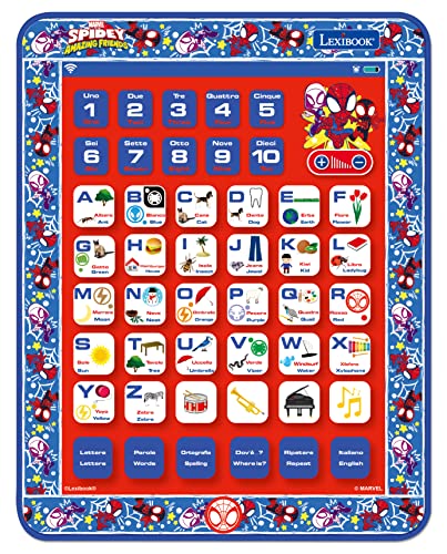 LEXIBOOK JCPAD002SPi5 Spidey and His Amazing Friends-pädagogisches zweisprachiges interaktives Tablet, Spielzeug zum Lernen von Buchstaben, Zahlen, Rechtschreibung, Musik, Englisch/Italienisch von Lexibook