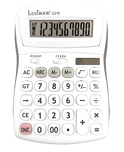 Lexibook - 10-stelliger Bürotaschenrechner mit Geneigter Bildschirm - Grund- und Speicherfunktion - Große Tasten und Bildschirm für Büro, Schule, Zuhause - Solar & Batterien - Weiß/Grau - C210 von Lexibook