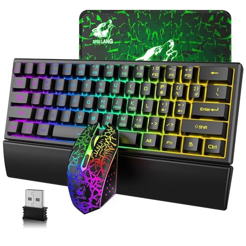 60% 2,4G Stabil 61 Tasten Drahtlose Tastatur Maus Combo RGB Wiederaufladbare Ergonomie Gaming-Tastatur+7 Regenbogenlicht 2400DPI 6 Tasten Optische Regenbogen-LED-Gaming-Maus + Mauspads+Medienschlüssel von LexonElec