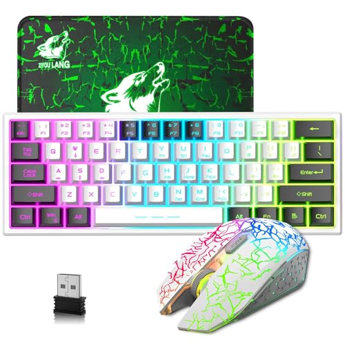 60% Kompakt Mini Gaming Kabellose Tastatur Und Maus Set - Weiß Gemischt Schwarz 2 in 1 USB Empfänger - Type C Wiederaufladbar Beleuchtet Tastatur - Ergonomie Atmende Licht Maus Für PC Mac Laptop von LexonElec