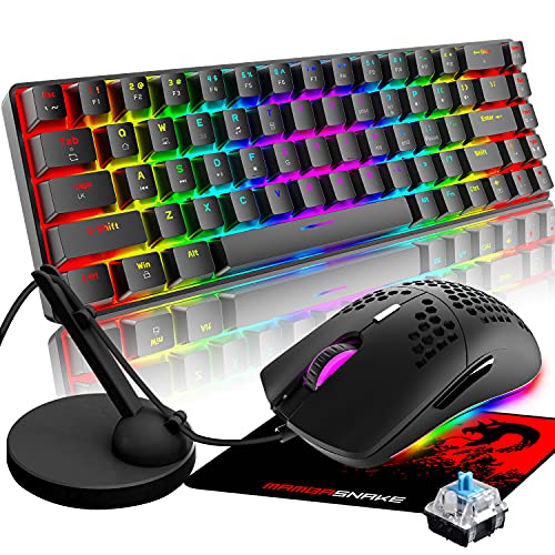 60% Mini 68 Tasten RGB Beleuchtung Wired USB C Gaming Mechanische Blaue Switch Tastatur + Rainbow Beleuchtung 6400 DPI Maus + Maus Bungee Cable Management + Mauspad - Schwarz/Blue Switch von LexonElec