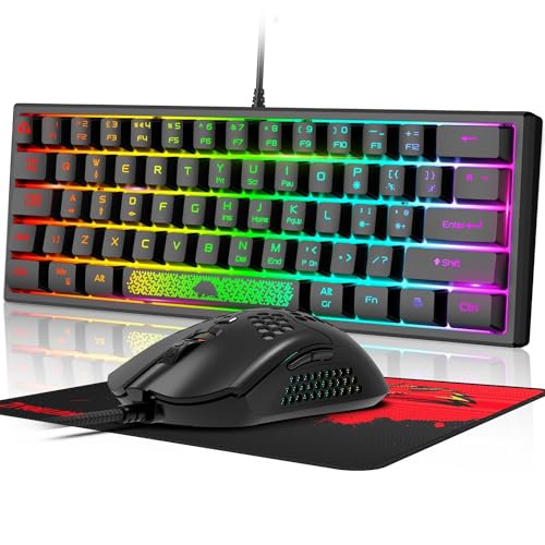 60 Prozent Mini Gaming Tastatur Und Maus Set Schwarz, QWERTY Layout RGB Regenbogen LED beleuchtet mechanische Gefühl Ergonomische Tastatur, 12000 DPI Bienenwabe Maus USB Verkabelt fã¼r pc PS4 Laptop von LexonElec