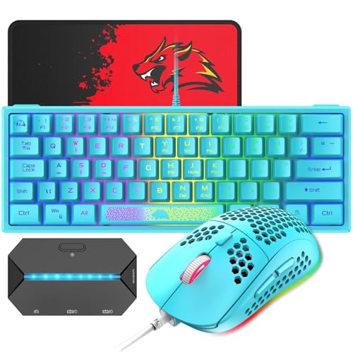 60% kompaktes kabelgebundenes Gaming-Tastatur- und -Maus-Set, 62 Tasten, UK-Layout, RGB, 12000 DPI, atmungsaktive Lichter, Wabenmaus, USB-Gaming-Controller-Adapter, für Xbox Laptop PS4 PS4 von LexonElec